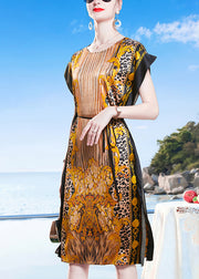 Fashion Khaki O-Neck Print Side Open Sashes Silk Robe Dresses Short Sleeve