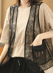 Fashion Khaki O-Neck Solid Color Cotton Tanks And Black Embroidered Tulle Vest Two Pieces Set Summer