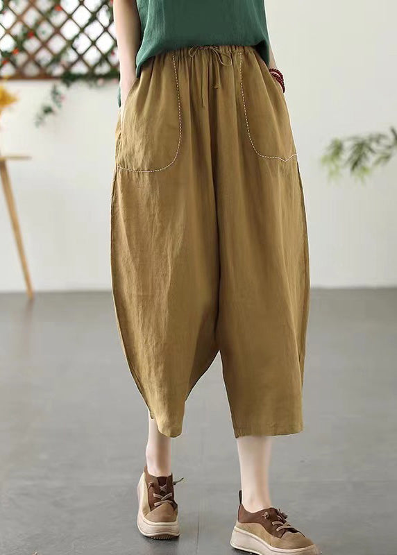 Fashion Khaki Patchwork Elastic Waist Tie Waist Solid Crop Pants Summer