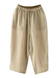 Fashion Khaki Patchwork Elastic Waist Tie Waist Solid Crop Pants Summer