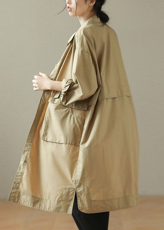 Fashion Khaki Peter Pan Collar Mid Trench Coats Long Sleeve