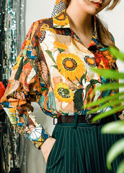 Fashion Khaki Peter Pan Collar Painting Print Cotton Shirt Tops Spring
