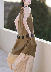 Fashion Khaki Ruffled Pockets Patchwork Cotton Long Dresses Sleeveless