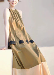 Fashion Khaki Ruffled Pockets Patchwork Cotton Long Dresses Sleeveless