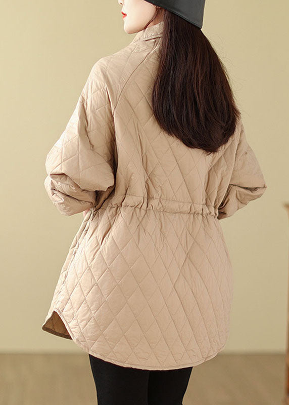 Fashion Khaki Stand Collar Drawstring Zippered Pockets Solid Parkas Coats Winter