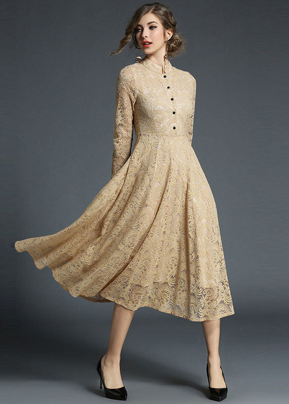 Fashion Khaki Stand Collar Hollow Out Embroidered Lace Dresses Long Sleeve