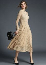 Fashion Khaki Stand Collar Hollow Out Embroidered Lace Dresses Long Sleeve