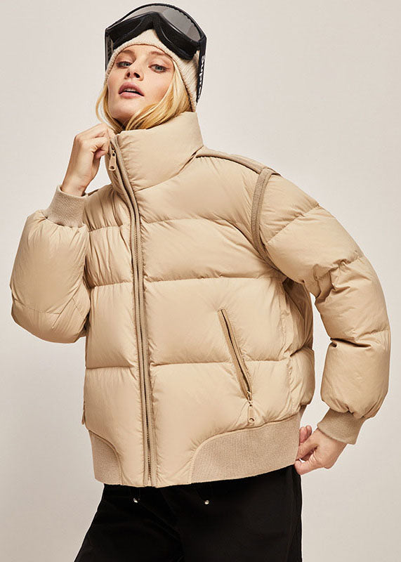 Fashion Khaki Stand Collar Zip Up Thick Duck Down Puffer Jacket Winter