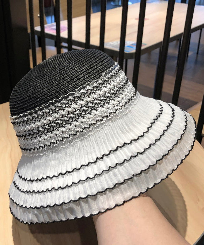 Fashion Khaki Striped Lace Patchwork Bucket Hat