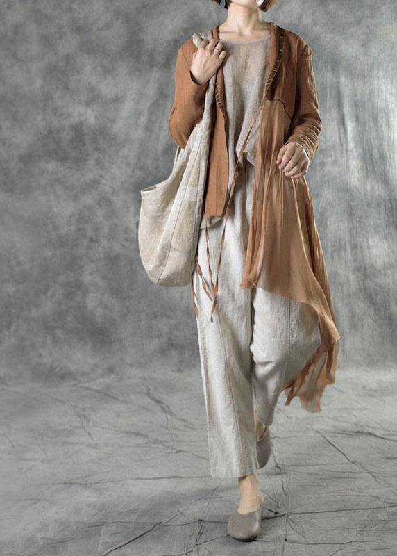 Fashion Khaki Tie Waist Patchwork Asymmetrical Design Fall Jackets Long Sleeve - SooLinen