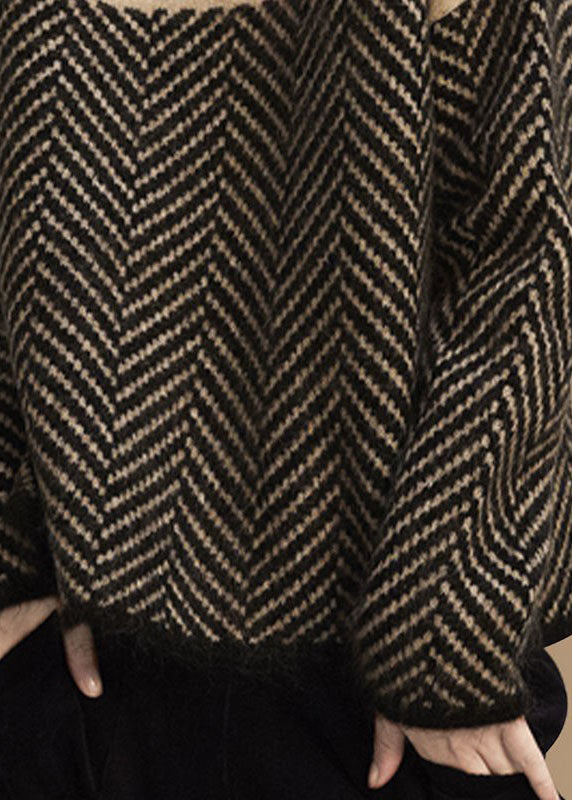 Fashion Khaki Turtle Neck Patchwork Knit Pullover Winter