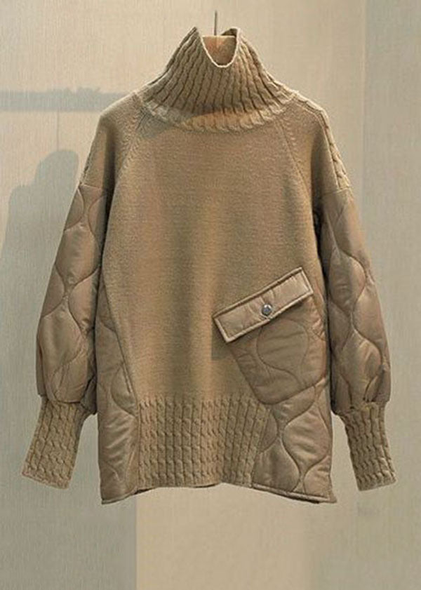 Fashion Khaki Turtle Neck thick Patchwork Fine Cotton Filled Knit Pullover Winter
