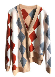 Fashion Khaki V Neck Asymmetrical Plaid Knit Cardigan Winter