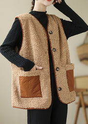 Fashion Khaki V Neck Patchwork Pockets Teddy Faux Fur Vest Tops Winter