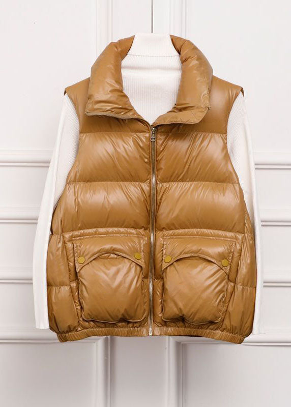 Fashion Khaki Zip Up Pockets Warm Duck Down Vest Sleeveless