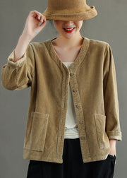 Fashion Khaki button V Neck Corduroy coats Spring
