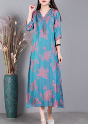Fashion Lake Blue V Neck Jacquard Tassel Silk Holiday Dress Half Sleeve