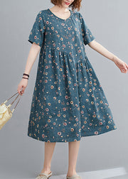 Fashion Lake Blue Wrinkled Print Cotton A Line Dresses Short Sleeve