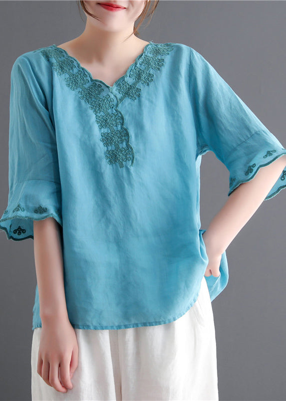 Fashion Lake blue V Neck Embroidered Linen Tops flare sleeve