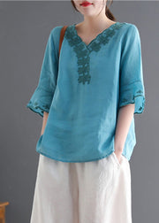 Fashion Lake blue V Neck Embroidered Linen Tops flare sleeve