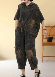 Fashion Leopard Hooded Patchwork Denim Two Piece Set Summer