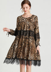 Mode-Leopard-Patchwork-Spitze-Fall-Chiffon- Kleid