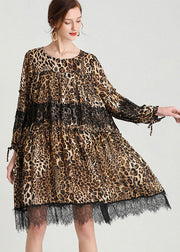Mode-Leopard-Patchwork-Spitze-Fall-Chiffon- Kleid