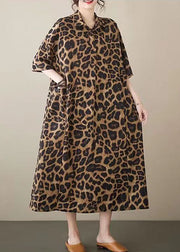Fashion Leopard Peter Pan Collar Pockets Patchwork Cotton Long Dresses Summer
