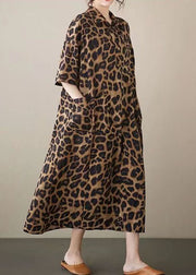Fashion Leopard Peter Pan Collar Pockets Patchwork Cotton Long Dresses Summer