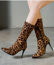 Fashion Leopard Print Genuine Leather Velour Fabric Zippered Boots Pointed Toe Boots
