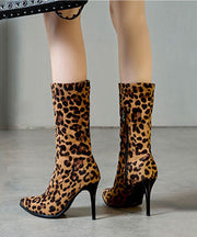 Fashion Leopard Print Genuine Leather Velour Fabric Zippered Boots Pointed Toe Boots