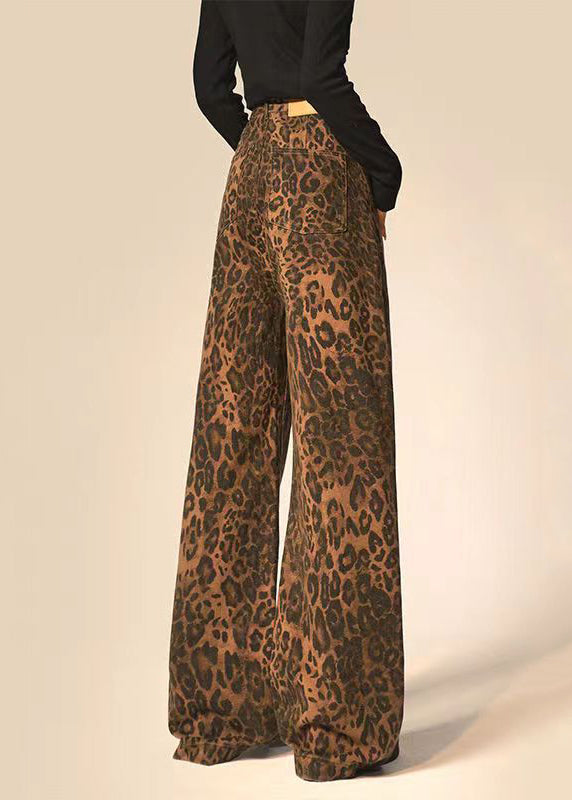 Fashion Leopard Print Pockets Denim Straight Pants Spring