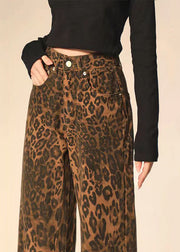 Fashion Leopard Print Pockets Denim Straight Pants Spring