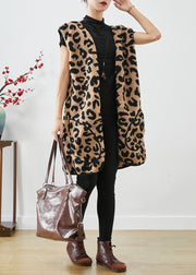 Fashion Leopard Print Pockets Faux Fur Teddy Vest Fall