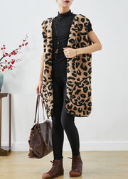 Fashion Leopard Print Pockets Faux Fur Teddy Vest Fall