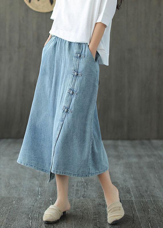 Fashion Light Blue Asymmetrical Design Button A Line Pockets Fall Skirts - SooLinen
