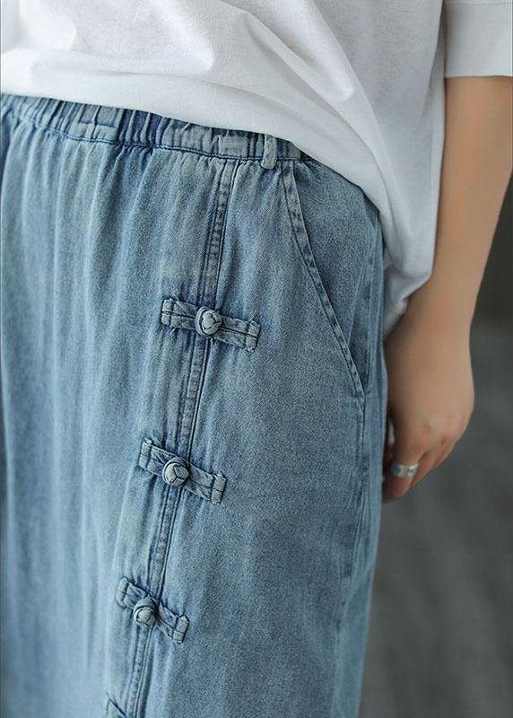 Fashion Light Blue Asymmetrical Design Button A Line Pockets Fall Skirts - SooLinen