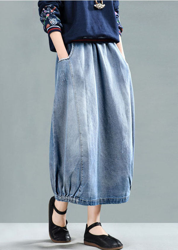 Fashion Light Blue Elastic Waist Pockets Cotton Denim Skirt Summer