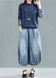 Fashion Light Blue Elastic Waist Pockets Cotton Denim Skirt Summer