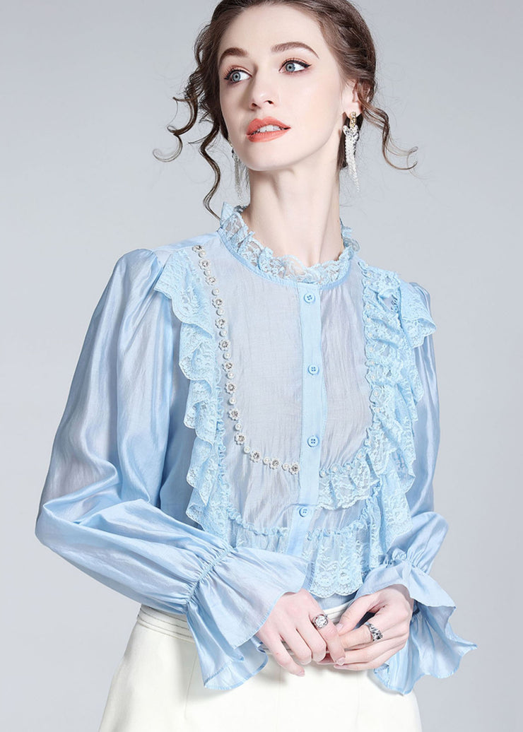 Fashion Light Blue Lace Ruffled Nail bead Patchwork Silk Shirt Spring