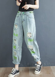 Fashion Light Blue Letter Embroidered Pockets Hole Cotton Denim Crop Pants Summer
