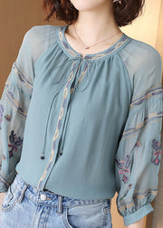 Fashion Light Blue O-Neck drawstring Embroidered Silk tops Spring
