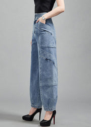 Fashion Light Blue Pockets Patchwork Cotton Denim Lantern Pants Trousers Spring