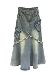 Fashion Light Blue Tasseled Pockets Patchwork Denim Skirt Fall