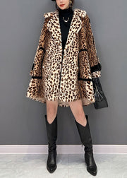 Fashion Light Chocolate Notched Leopard Fuzzy Fur Fluffy Loose Coat Winter