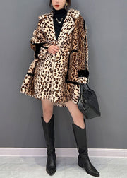 Fashion Light Chocolate Notched Leopard Fuzzy Fur Fluffy Loose Coat Winter