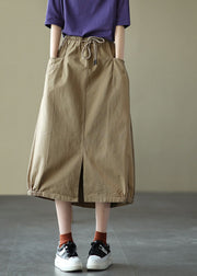 Fashion Light Green Elastic Waist Side Open Pockets Cotton Skirt Summer