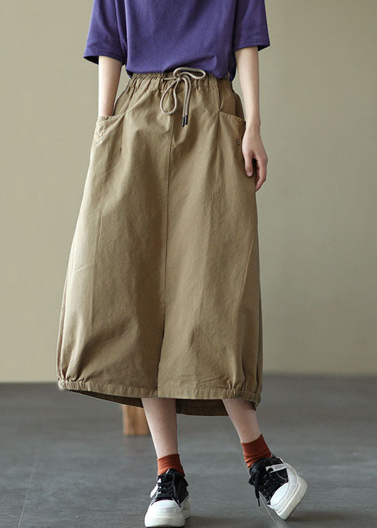 Fashion Light Green Elastic Waist Side Open Pockets Cotton Skirt Summer
