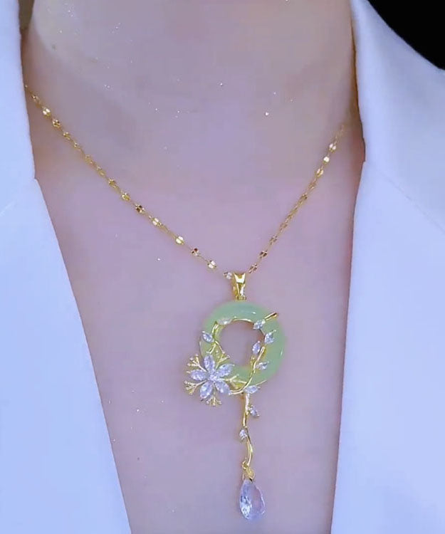 Fashion Light Green Stainless Steel Inlaid Crystal Jade Floral Pendant Necklace