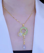 Fashion Light Green Stainless Steel Inlaid Crystal Jade Floral Pendant Necklace